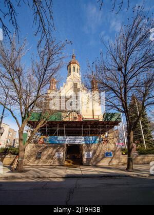 Église catholique ukrainienne Saint-Nicolas. Village ukrainien, Chicago, Illinois. Restauration en cours. Banque D'Images