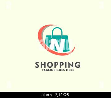 Modèle de conception de logo de boutique avec sac isolé orange Letter N. Shopping logo vector icône illustration design. Icône de sac de shopping pour la boutique en ligne bu Illustration de Vecteur