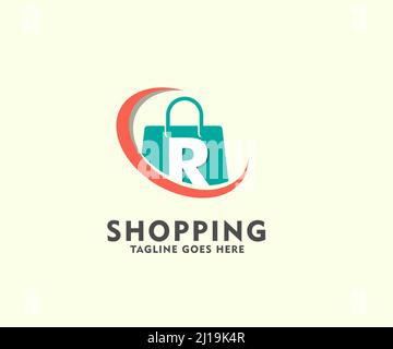 Modèle de conception de logo de boutique pour sac isolé orange Letter R. Shopping logo vector icône illustration design. Icône de sac de shopping pour la boutique en ligne bu Illustration de Vecteur