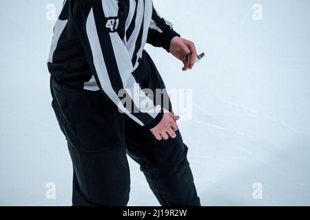 Helsinki / Finlande - 22 MARS 2022 : joueur de hockey sur glace tenant un coup de sifflet et regardant le match Banque D'Images