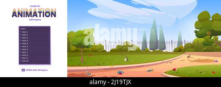 Parc municipal sale avec fond de bande dessinée à ordures Scatter pour l'animation de jeu avec des couches séparées. Les déchets se trouvent sur une pelouse en herbe verte. Ville d'été paysage pollué jardin public, illustration vectorielle Illustration de Vecteur