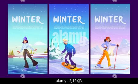 Affiches de dessin animé pour les sports d'hiver avec des personnes qui apprécient le ski, le patinage et le snowboard, activités de plein air extrêmes. Jeune homme et femme en costume chaud relaxant et amusant sur le complexe, illustration Vector Illustration de Vecteur