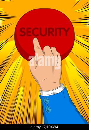Homme d'affaires appuyant sur le bouton de sécurité avec son index. Concept de style bande dessinée. Illustration de Vecteur
