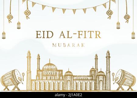 illustration de l'eid al fitr mubarak dessinée à la main Illustration de Vecteur