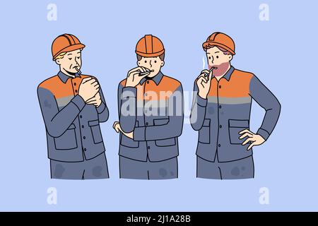 Hommes travailleurs en uniforme fumant de la cigarette à l'extérieur. Les constructeurs d'hommes au travail ont une pause-travail sur le chantier de construction à un endroit spécial de fumée. Mauvaise habitude. Illustration vectorielle, personnage de dessin animé. Illustration de Vecteur