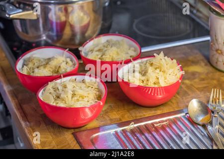 Bol à salade en plastique rouge prêt à l'emploi avec chou blanc, salade de chou dans la cuisine sur le comptoir, Allemagne Banque D'Images