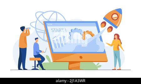 Projet de départ d'équipe. Groupe de travail sur le démarrage, lancement de fusée à partir de l'écran avec graphique de croissance. Illustration vectorielle pour le nouveau concept d'entreprise Illustration de Vecteur