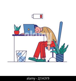 Employé fatigué épuisé avec le travail. Homme dormant sur le lieu de travail près d'un ordinateur portable avec batterie faible. Illustration vectorielle pour l'épuisement, la surcharge, la fatigue, le carrelage Illustration de Vecteur