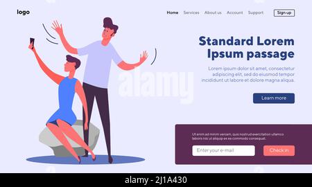 Homme et femme faisant le selfie. Jeune couple prenant des photos à l'extérieur illustration vectorielle plate. Photographie, souvenirs, portrait concept pour bannière, site Web Illustration de Vecteur