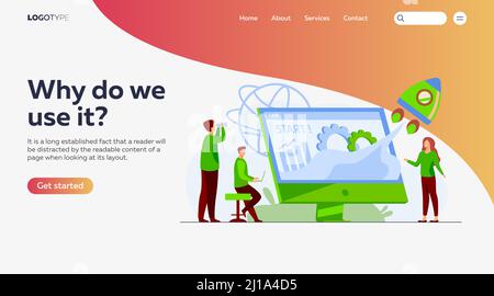 Projet de départ d'équipe. Groupe de travail sur le démarrage, lancement de fusée à partir de l'écran avec graphique de croissance. Illustration vectorielle pour le nouveau concept d'entreprise Illustration de Vecteur