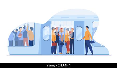 Une foule de navetteurs voyageant en métro. Passagers du métro debout dans un wagon de métro surpeuplement. Illustration vectorielle pour les transports publics, commu Illustration de Vecteur