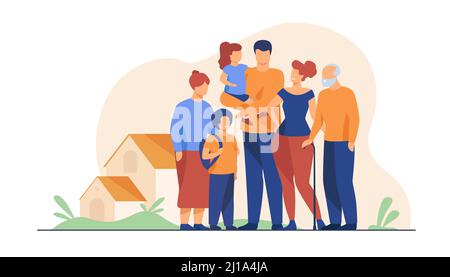 Grande réunion de famille. Couple avec des parents âgés et deux enfants debout ensemble à la maison de banlieue. Illustration vectorielle pour l'amour, la convivialité, le style de vie Illustration de Vecteur