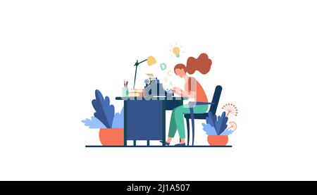 Femme écrivain utilisant la machine rétro de dactylographie. Jeune femme inspirant avec l'idée, écrivant un article créatif sur son lieu de travail. Illustration vectorielle pour la création Illustration de Vecteur