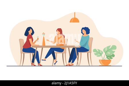 Trois amies assises dans un café au déjeuner et parlant illustration vectorielle plate. Les femmes pendent ensemble. Concept d'amitié et de communication. Illustration de Vecteur