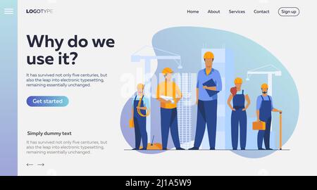 Équipe de construction travaillant sur le site. Constructeurs, ingénieurs, architectes de casques et de combinaisons portant des plans, des trousses à outils, des outils de mesure. Vecteur illus Illustration de Vecteur