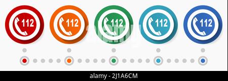 Appel d'urgence, jeu d'icônes vectorielles de concept de téléphone, boutons colorés de conception plate, modèle d'infographie avec 5 options de couleurs Illustration de Vecteur