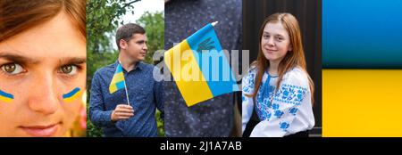 Bannière Ukraine. Adolescent ukrainien et jeune homme et femme. Priez pour l'Ukraine. Priez pour la paix. Célébration du jour de l'indépendance. Victoire en guerre. J'espère que c'est tout Banque D'Images