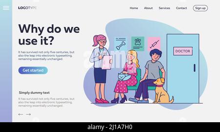 Les personnes avec des animaux de compagnie attendant un médecin dans la file d'attente. Services d'EFP pour chat, soins médicaux pour l'illustration de vecteur de chien. Vétérinaire clinique concept et animaux de compagnie propriétaire Illustration de Vecteur