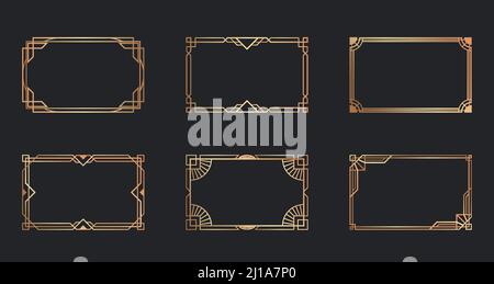 Ensemble de cadres dorés Art déco. Bordures décoratives dorées isolées sur fond noir. Illustration vectorielle pour vintage, décoration, design ancien con Illustration de Vecteur