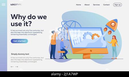 Projet de départ d'équipe. Groupe de travail sur le démarrage, lancement de fusée à partir de l'écran avec graphique de croissance. Illustration vectorielle pour le nouveau concept d'entreprise Illustration de Vecteur