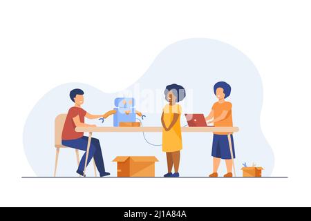 Enfants présentant le cyborg en classe robotique. Enfants montrant le robot à l'enseignant. Illustration vectorielle pour l'éducation, la technologie robotique, projet scolaire Illustration de Vecteur