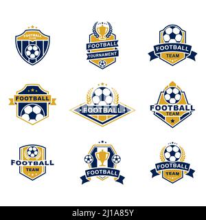 Ensemble de modèles d'emblèmes de l'équipe de football. Badges et logos avec ballon de football, tournoi, club, héraldique, coupe. Illustration vectorielle pour le sport, le jeu, les mathématiques, le jeu Illustration de Vecteur