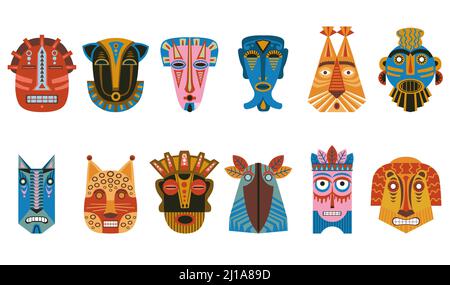 Kit de masques rituels traditionnels à icône plate. Jeu d'illustrations vectorielles de masques autochtones africains, hawaïens ou aztèques. Totem aborigène et concep de carnaval Illustration de Vecteur