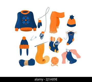 Ensemble chaud d'accessoires et de vêtements tricotés. Mains de la femme nouée avec des aiguilles, chandail, chapeau, mitaines, écharpe, fil. Illustration vectorielle pour l'automne, en tricot Illustration de Vecteur