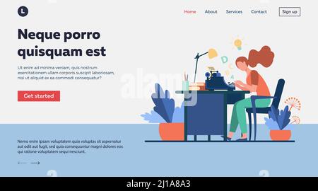 Femme écrivain utilisant la machine rétro de dactylographie. Jeune femme inspirant avec l'idée, écrivant un article créatif sur son lieu de travail. Illustration vectorielle pour la création Illustration de Vecteur