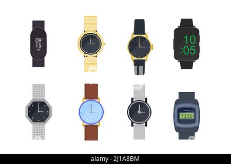 Montres-bracelets. Horloges numériques, bracelets, montres-bracelets pour hommes et femmes. Illustration vectorielle pour la gestion du temps, la mode, l'accessoire, le style conce Illustration de Vecteur