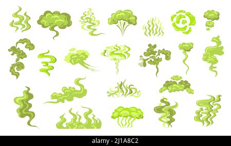 Kit d'icônes plates sentant la fumée. Dessin animé mauvaise odeur nuage, vert odeur et saleté toxique vecteur vapeur jeu d'illustration. Odeur de souffle et de stink fart ste Illustration de Vecteur