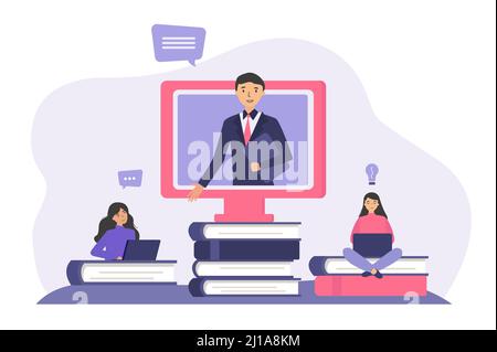 Étudiants étudiant en ligne, à l'écoute du professeur, à regarder le webinaire. Les filles d'université assis sur des livres près de l'ordinateur. Illustration vectorielle pour l'éducation, lea Illustration de Vecteur