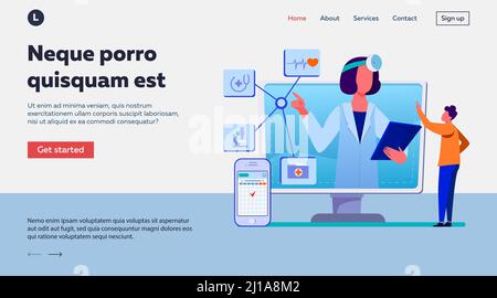Illustration vectorielle de l'assistance médicale en ligne. Homme utilisant l'application pour smartphone pour consulter un médecin. Homme patient discutant avec un praticien sur Internet Illustration de Vecteur