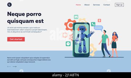 Jeune couple discutant avec un assistant robotique sur l'écran du smartphone. Chatbot aider les clients avec leurs problèmes. Illustration vectorielle pour l'assistance client Illustration de Vecteur
