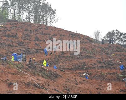 Tengxian County, Chine. 24th mars 2022. (Les sauveteurs recherchent l'autre boîte noire dans la zone autour du site de l'accident d'avion dans le comté de Tengxian, région autonome de Guangxi Zhuang, dans le sud de la Chine, 24 mars 2022. Une boîte noire de l'avion passagers China Eastern Airlines qui s'est écrasé lundi dans la région autonome de Guangxi Zhuang, dans le sud de la Chine, a été récupérée mercredi après-midi. La boîte noire récupérée est considérée comme l'enregistreur de voix du poste de pilotage, a déclaré un responsable de l'aviation à un point de presse mercredi soir. Credit: Xinhua/Alay Live News Banque D'Images