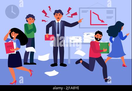 Un patron en colère criait aux gens dans une illustration vectorielle plate de bureau. Les employés de caricature travaillent dans la précipitation, la panique et le stress. Chaos d'entreprise et échéance c Illustration de Vecteur