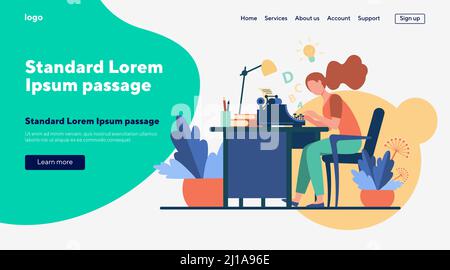 Femme écrivain utilisant la machine rétro de dactylographie. Jeune femme inspirant avec l'idée, écrivant un article créatif sur son lieu de travail. Illustration vectorielle pour la création Illustration de Vecteur