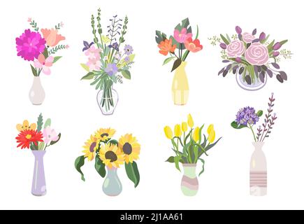 Lot de fleurs colorées avec icône plate. Bouquet de plantes en vases avec ensemble d'illustrations vectorielles. Rose, tournesol, tulipes et autres. Décoration et na Illustration de Vecteur