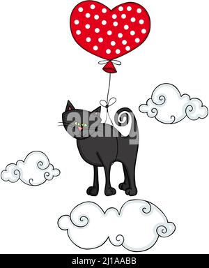 Drôle de chat noir volant lié à coeur rouge ballon avec des nuages Banque D'Images