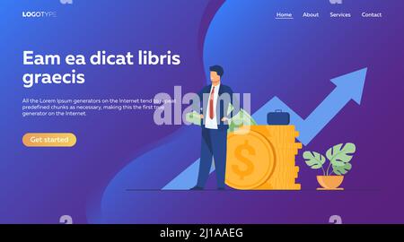 Entrepreneur ou investisseur réussi présentant la pile d'argent et le diagramme de croissance. Homme d'affaires en costume debout en espèces. Illustration vectorielle pour le banc Illustration de Vecteur