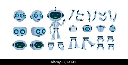 Ensemble d'icônes plates futuristes robot constructeur. Dessin de personnages android de dessin animé, collection d'illustrations vectorielles isolées. Equipement électronique et humanoi Illustration de Vecteur