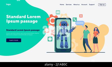 Jeune couple discutant avec un assistant robotique sur l'écran du smartphone. Chatbot aider les clients avec leurs problèmes. Illustration vectorielle pour l'assistance client Illustration de Vecteur