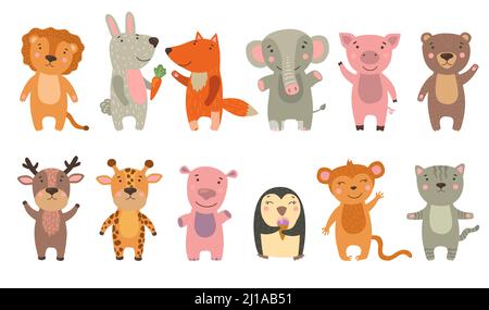 Ensemble animaux amusants et joyeux. Mignon lion, éléphant, petit pingouin, singe, hippopotame, renard, cochon, ours en agitant Bonjour. Illustration vectorielle pour animaux, zoo, Illustration de Vecteur