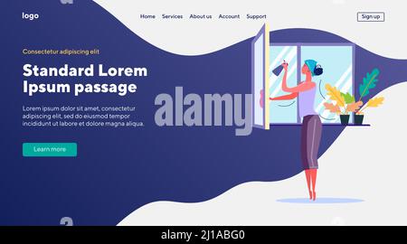 Femme nettoyant la fenêtre. Femme de ménage lave le verre, nettoyant. Illustrations vectorielles plates. Entretien ménager, hygiène, ménage concept pour bannière, site web desig Illustration de Vecteur