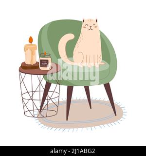 Un chat dans une chaise, détente avec des bougies aromatiques. Illustration avec un animal de compagnie reposant dans une chaise dans une atmosphère confortable. Composition vectorielle de style plat Illustration de Vecteur