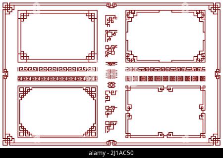 Ensemble de cadres orientaux. Bordures ornementales chinoises et japonaises, formes graphiques de style asiatique traditionnel. Peut être utilisé pour l'accueil ou la célébration conce Illustration de Vecteur