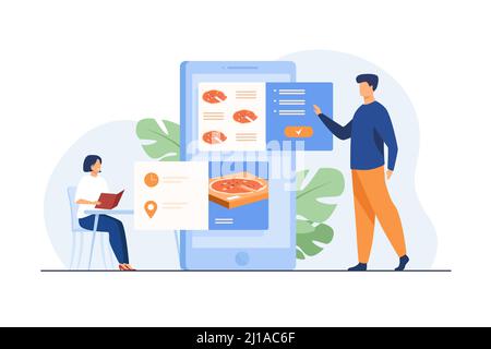 Les personnes qui commandent de la nourriture dans le café et en ligne. Homme utilisant l'application mobile et choisissant la pizza pour la livraison. Illustration vectorielle pour application, service de restauration Illustration de Vecteur