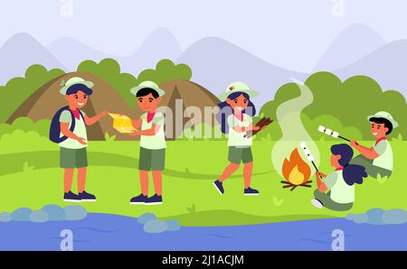 Scouts en camping illustration de vecteur plat. Dessins animés enfants ou enfants au feu dans la forêt, la montagne ou la jungle près de la rivière. Aventure et concept d'été Illustration de Vecteur