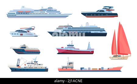 Ensemble de transport maritime et maritime. Navires, bateaux à vitesse, yacht, voiliers, bateau à moteur, paquebots de croisière. Illustrations vectorielles plates pour la navigation nautique, transp Illustration de Vecteur