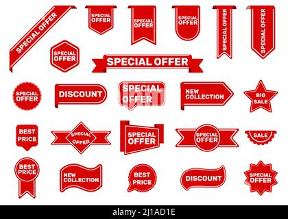 Jeu d'étiquettes d'offre spéciale. Solde autocollants rouges, rubans à meilleur prix, étoiles et bulles de discours. Illustrations vectorielles pour la promotion, la publicité, le marketing, d Illustration de Vecteur
